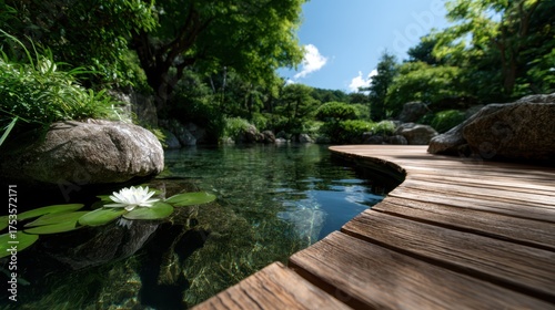 A peaceful garden scene featuring a calm pond with clear water, green foliage, rocks, and a blooming water lily under a bright sky, perfect for relaxation or meditation.