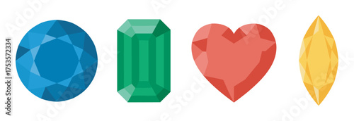 Four colorful gemstones in various shapes, including a blue circle, green rectangle, red heart, and yellow marquise, arranged in a row.