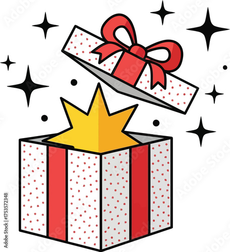 Open gift box with red ribbon and shining sparkles exploding out