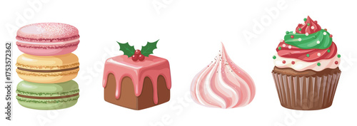 Colorful assortment of festive desserts including a macaron stack, holly-topped square cake, pink meringue, and a holiday-themed cupcake with sprinkles.