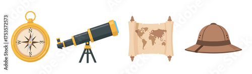 Set of travel and exploration icons featuring a compass, telescope, vintage map, and safari hat, symbolizing adventure and discovery.
