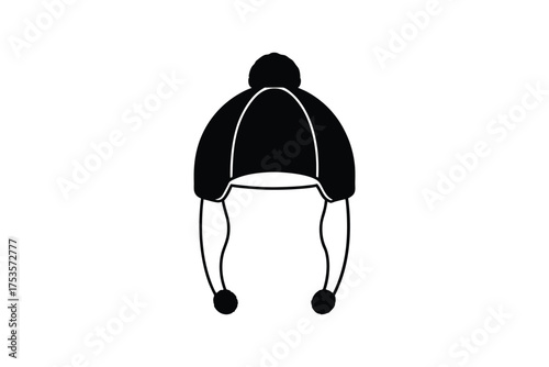 Black winter hat with pompom and earflaps simple graphic silhouette