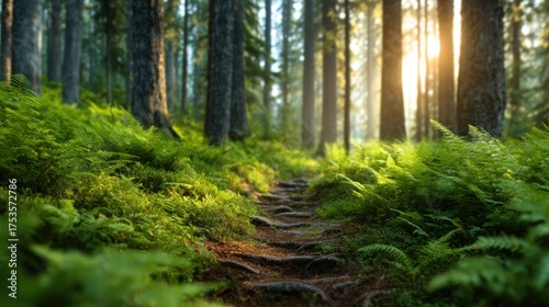 A serene forest path is illuminated by soft sunlight filtering through towering trees, framed by lush ferns that enhance the natural beauty of the woodland.