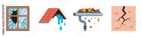 Four icons depicting common home damages, including a broken window, a leaking roof, a clogged gutter, and a cracked wall.