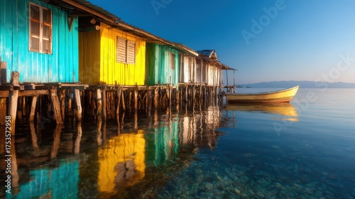 This beautiful image showcases vibrant stilt houses reflecting in calm waters during dawn, capturing a serene ambiance and the beauty of nature and architecture.