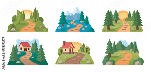 Six cartoon-style landscapes featuring cottages and winding paths set against sunny and mountainous backdrops with pine trees and greenery.
