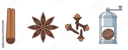 Illustration of spices including a cinnamon stick, star anise, cloves, and a nutmeg grinder, showcasing common culinary ingredients.