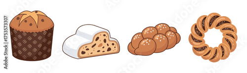 Four distinct pastries, including a panettone, a slice of cake with raisins, a braided loaf, and a twisted donut, arranged in a row with intricate designs.