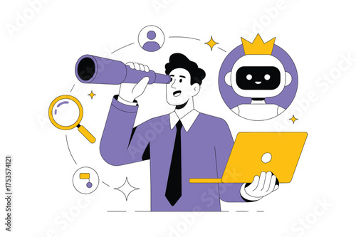 Vector art of man looking for artificial intelligence he is using a telescope to find the best ai solution