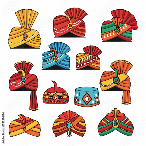 Vibrant collection of traditional Indian turbans in various colors and designs, perfect for festive celebrations and cultural events, a symbol of heritage