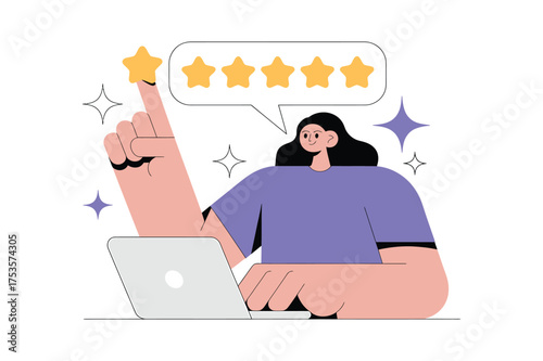 Vector art of woman giving a fivestar rating online on her laptop customer experience and feedback concept