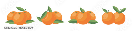 Cluster of cartoon-style oranges with green leaves arranged in groups of two and three on a white background.