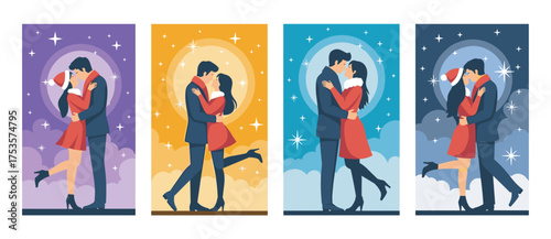 Romantic couples in various seasonal outfits embrace lovingly against colorful celestial backdrops.