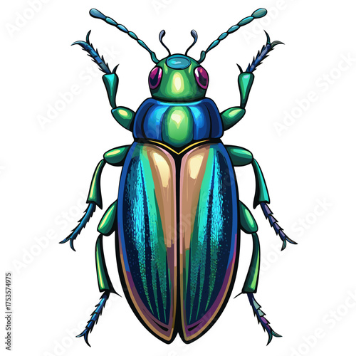 Isolated iridescent beetle specimen close-up, vibrant colors, 
