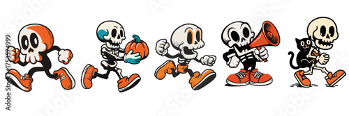 vintage retro style halloween skeleton cartoon mascot character with expressive faces and gestures