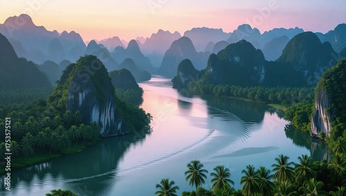 Stunning River Landscape with Karst Mountains at Sunrise.