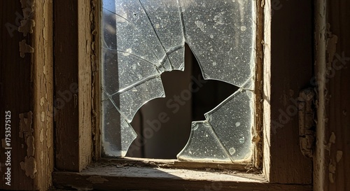Broken window glass in an old wooden frame with sunlight and texture
