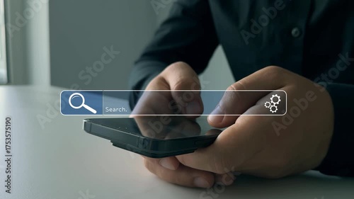 Person clicking internet search page on touch screen. Searching information on internet. SEO searching.