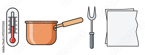 Colorful vector illustration of a thermometer, a copper pot with a wooden handle, a two-pronged fork, and a stack of blank paper.