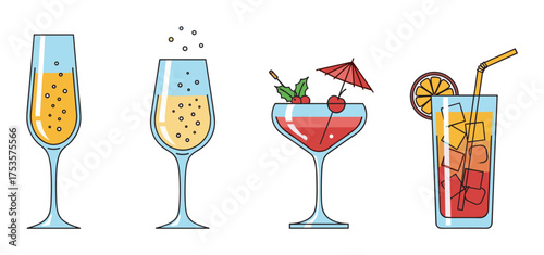 Four colorful cocktail glasses including champagne and cocktails with garnish, bubbles, umbrellas, and ice, lined up in a minimal style.