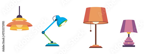 A collection of four diverse lamps, including a hanging lamp, a blue desk lamp, a brown floor lamp, and a pink table lamp, showcasing various designs and styles.
