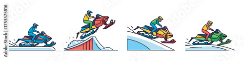 Four multicolored snowmobiles with riders in action, showcasing dynamic movement over snowy terrain and ramp jumps.