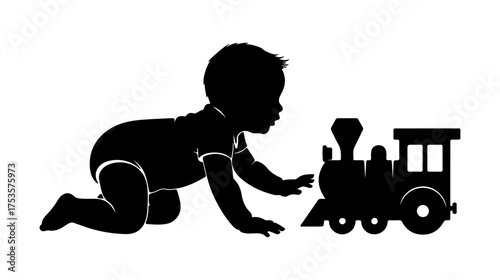 Funny baby crawling with blanket line art vector illustration