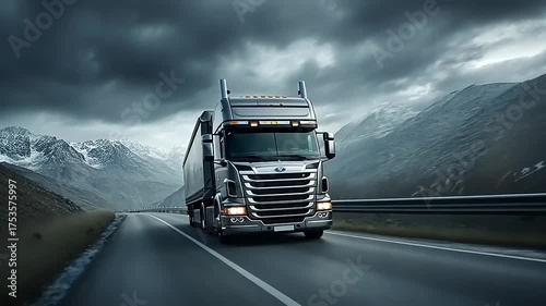 Heavy-Duty Truck Transporting Goods Across Mountain Roads with Dramatic Cloudy Skies