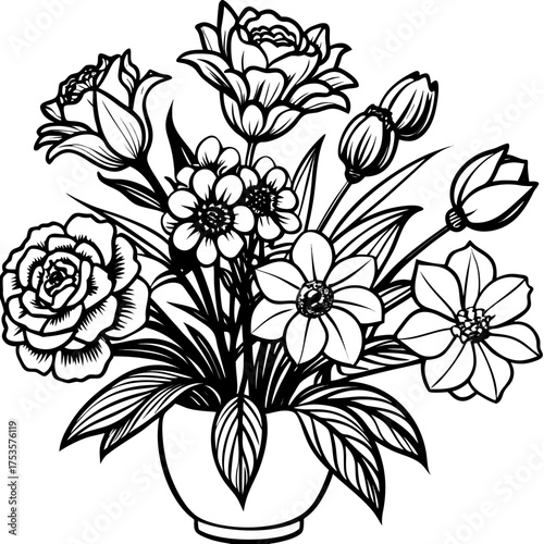 Elegant monochrome floral still life illustration featuring delicate blossoms and leaves presented on a clean white background perfect for artistic and decorative use