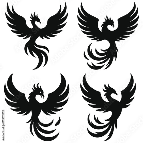 Stunning Black & White Mythical Phoenix Silhouettes - High-Quality Vector Art for Logos, Tattoos, Posters, and Fantasy Designs - Royalty-Free Illustration Pack for Creative Projects & Branding