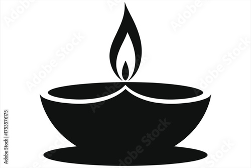Minimalist diya oil lamp icon. A black and white vector silhouette of a candle flame, representing light, spirituality, yoga, and celebration. Isolated on a white background.