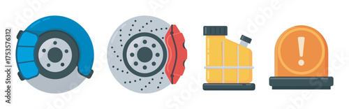 Colorful automotive icons depicting disc brakes, brake fluid container, and a warning light, symbolizing essential car maintenance components.