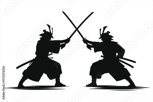 Samurai duel silhouette of two Japanese warriors in a sword fight. Kendo battle scene with crossed katanas. Vector illustration of a martial arts clash, representing the bushido code of honor
