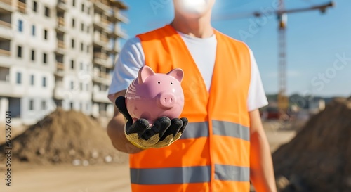 A construction worker in an orange vest holds a pink piggy bank in his gloved hand, symbolizing saving money on a building site with a crane and a building under construction in the background