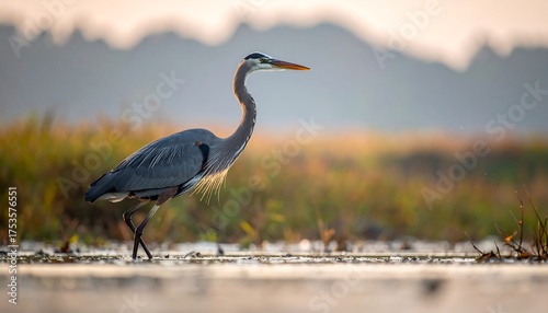 A slender, long-legged wading bird with a long neck and pointed bill stands in shallow water, backlit by a golden sunrise