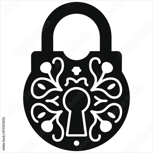Ornate Vintage Padlock Silhouette Vector Art: Black Decorative Lock with Floral Patterns and Keyhole for Antique Security, Protection, and Fantasy Designs - Elegant Metal Padlock Icon for Privacy..