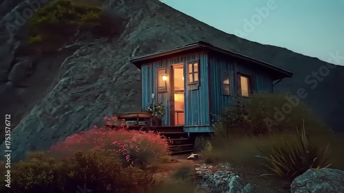 Mountain cabin retreat at dusk surrounded by flora and granite formations