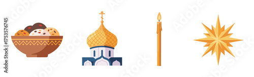 Traditional russian nesting dolls in a bowl, an onion dome architecture, a single lit candle, and a gold star symbol.