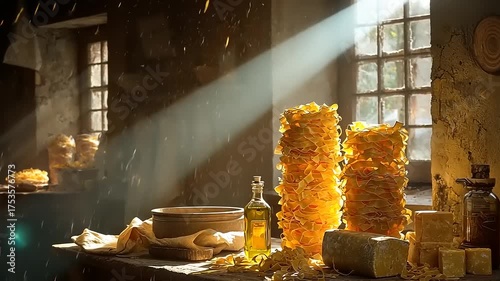 Sunlit Italian Kitchen Scene with Fresh Pasta, Cheese, and Olive Oil Still Life