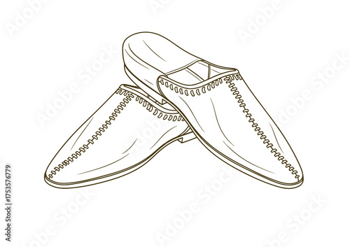 Traditional Moroccan babouches handmade leather slippers, minimalist line art vector illustration