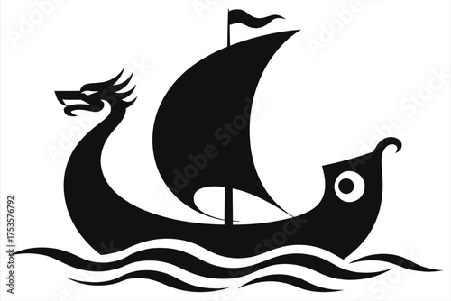 Viking ship silhouette vector illustration. Minimalist black and white graphic of a Norse drakkar with a dragon head prow on waves. Iconic design for logo, emblem, or tattoo.