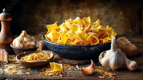 Artisanal Pappardelle Pasta Composition with Fresh Garlic and Culinary Spices