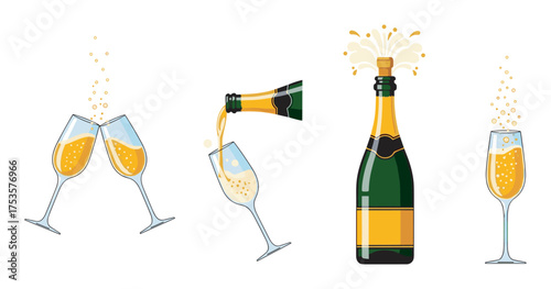 Champagne bottle pouring into glasses with bubbles, alongside two clinking glasses and an open champagne bottle with fizzing cork.
