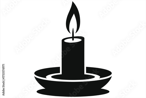 Minimalist black candle stand icon vector on white background – flat silhouette of burning pillar candle in bowl holder, spiritual meditation symbol for romance, spa, memorial or logo design