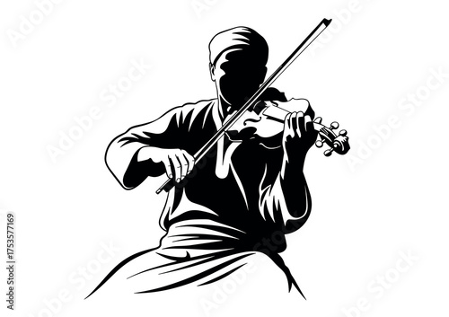 Arabic violinist performing traditional Arabian music, black and white vector silhouette illustration