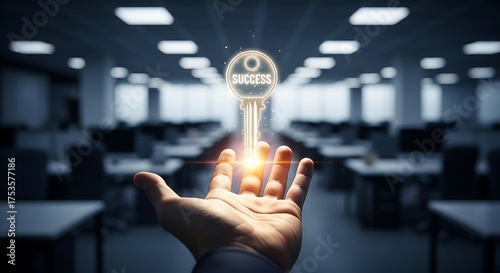 A hand reaches out in an office setting, presenting a glowing key with the word success emblazoned on it, symbolizing achievement, opportunity, and the unlocking of potential in business