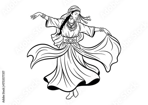 Energetic Moroccan Chaabi dancer raising scarf in traditional outfit, black and white vector illustration