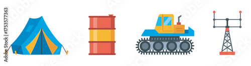 Simple flat design illustration of a triangular camping tent, an oil barrel, a construction bulldozer, and a radio tower.