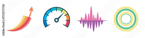 Colorful set of four graphic icons representing growth, speed, sound, and circular patterns with vibrant gradients and simplistic design.
