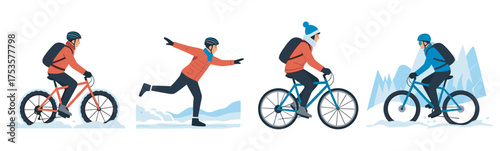 Caucasian male adult wearing winter attire, riding bicycles through snowy terrain, and ice skating on a frozen path with a helmet and backpack.
